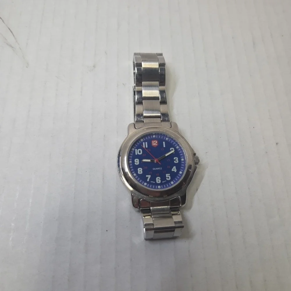 Men's Blue Dial Wrist Watch Silver Tone Link Band Glow In The Dark Hands Read!